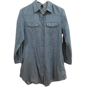 Sacred Threads Dress Womens S/M Chambray Button Up Shirt Hem Roll Tab Sleeves